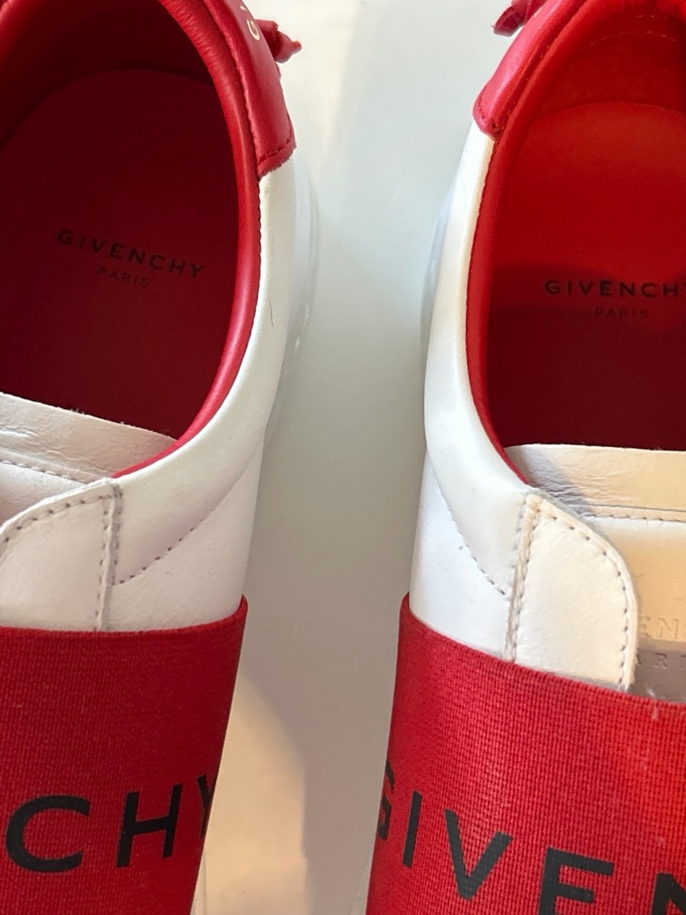 Givenchy White Leather Slip-On Sneakers with Red Logo Band